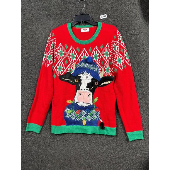 Holiday Time Sweater Mens Small Red Christmas Cow Light Up LED Ugly Novelty - Picture 1 of 7